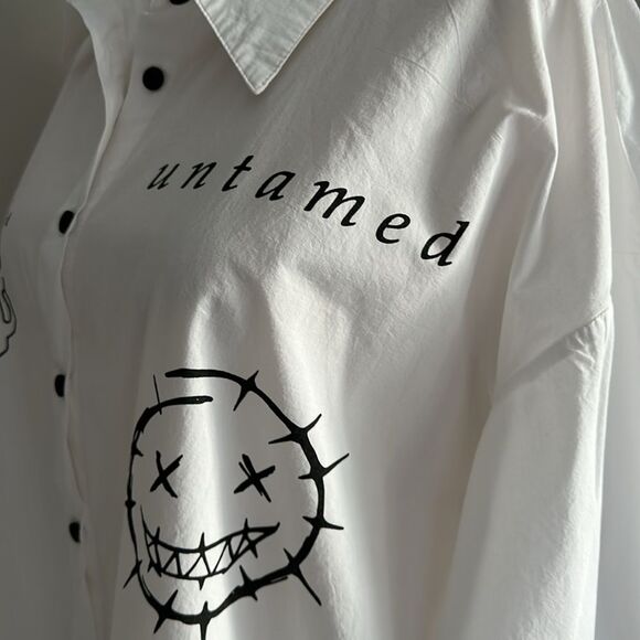 Sweet Rain Graphic Oversized Button Down Shirt Size XL Untamed Strange Print - Picture 5 of 12
